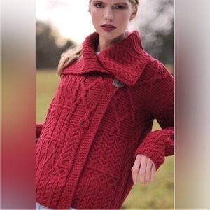 Aran Red Wool Cardigan Irish Patchwork Wrap Button Collar Merino XL